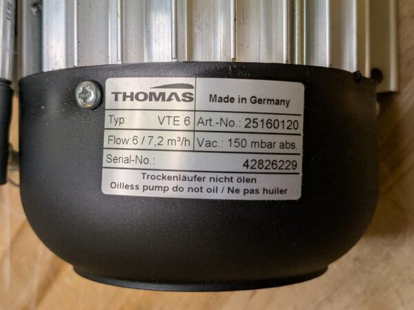 Thomas Oil-less Rotary Vane Vacuum Pump 7.2 m3/hr. 150 mbar abs. 115v 25160120
