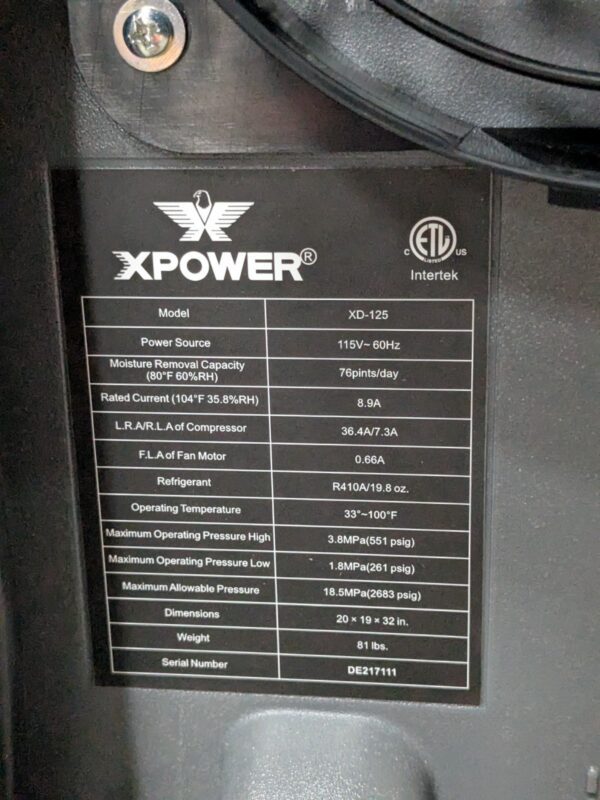 XPower Portable Commercial Dehumidifier w/ Automatic Purge Pump 115v XD-125