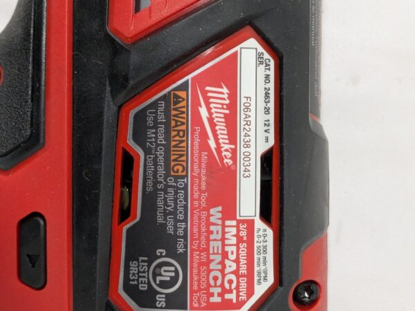 Milwaukee Cordless Impact Wrench: 12V, 3/8" Drive 2463-20 TOOL ONLY