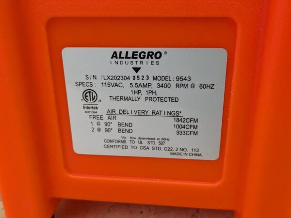 Allegro 12 In. Axial AC Plastic Blower 3400 RPM 1 HP 115v 9543 Parts / Repair