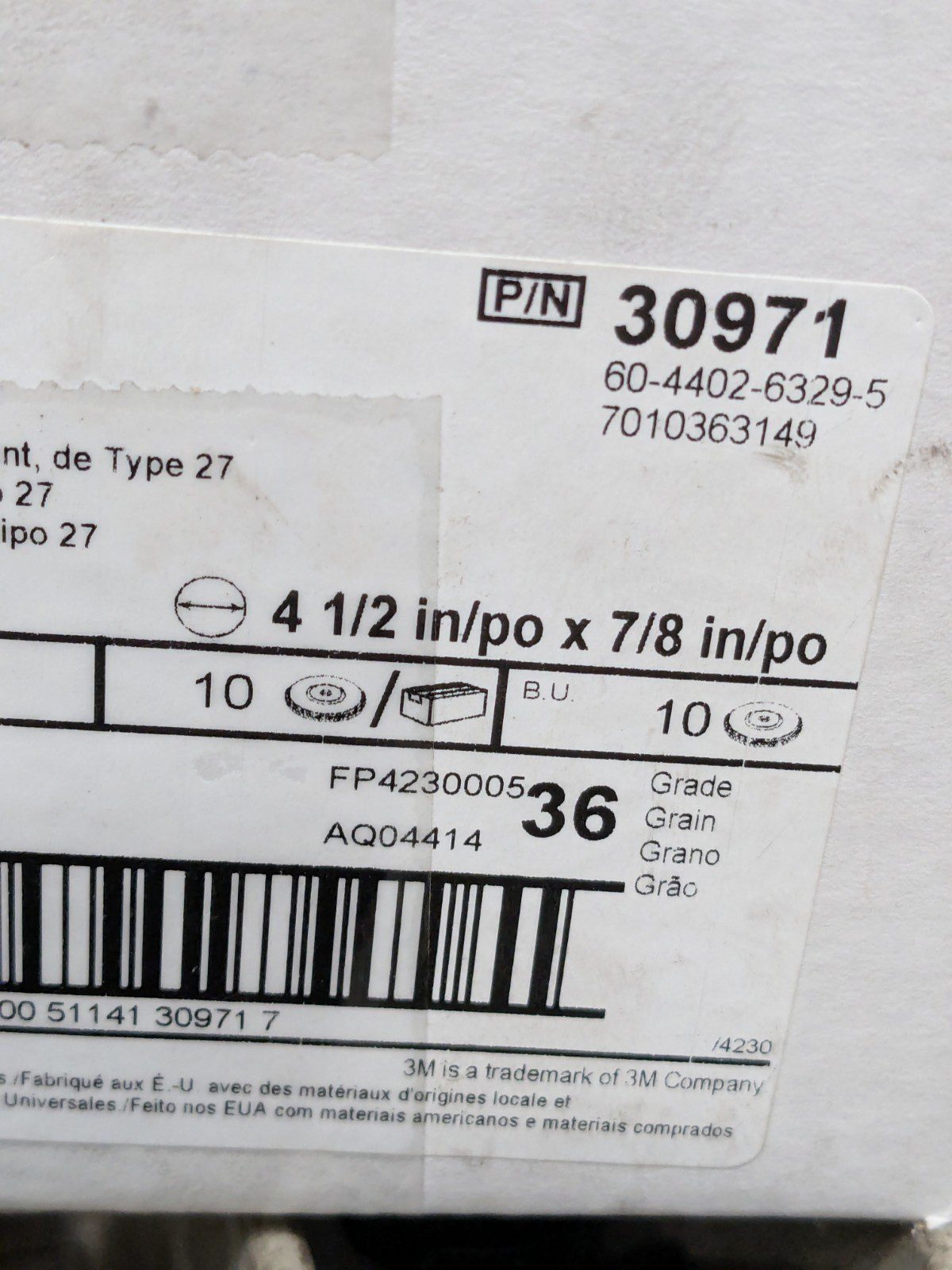 3M Flap Disc: 4-1/2" Dia, 7/8" Hole, 36 Grit, ZA, Type 27 Qty 10 7010363149