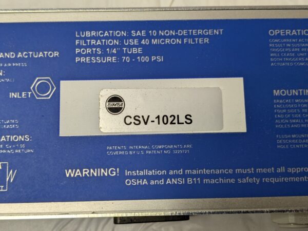 BIMBA Anti-Tiedown Two-Hand Actuator Control Unit 1/4"NPTF 70-100 PSI CSV-102LS