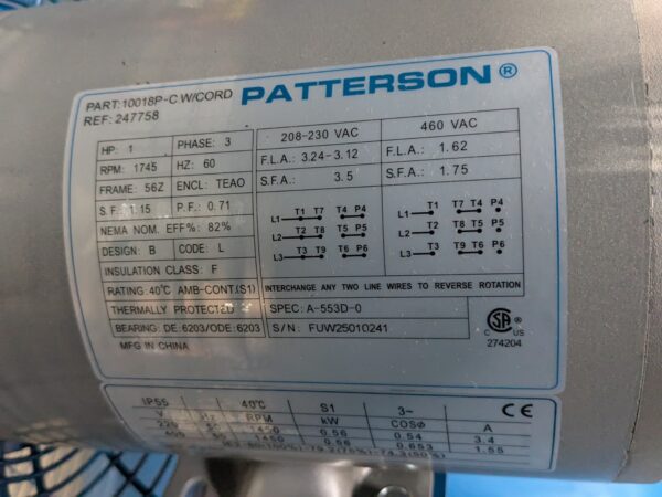 Patterson 30" High Velocity Circulation Fan 12,000 CFM 230/460v 3 Phase H30B-CS