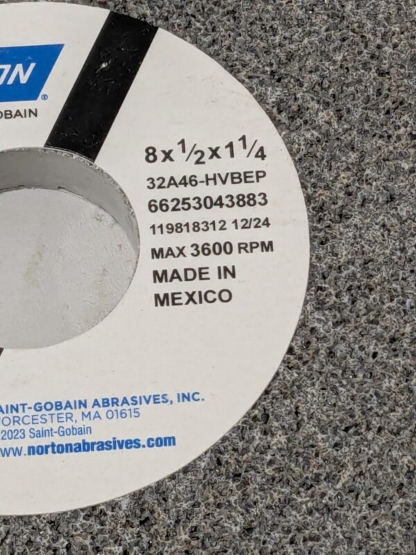 NORTON Surface Grinding Wheel: 8" Dia, 1/2" Thick, 1-1/4" Arbor, 46G 66253043883