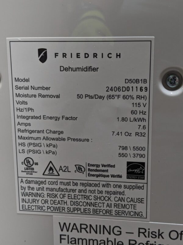 Friedrich Portable Dehumidifier w/ Drain Pump 50 Pint Cap. 115v Parts / Repair