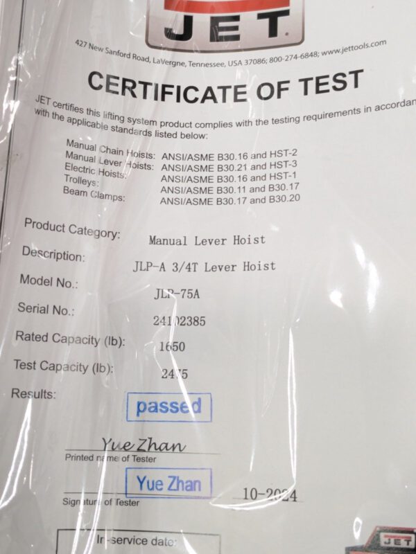 Jet 3/4 Ton Lever Chain Hoist 10 Ft Lift JLP-075A-10 287301