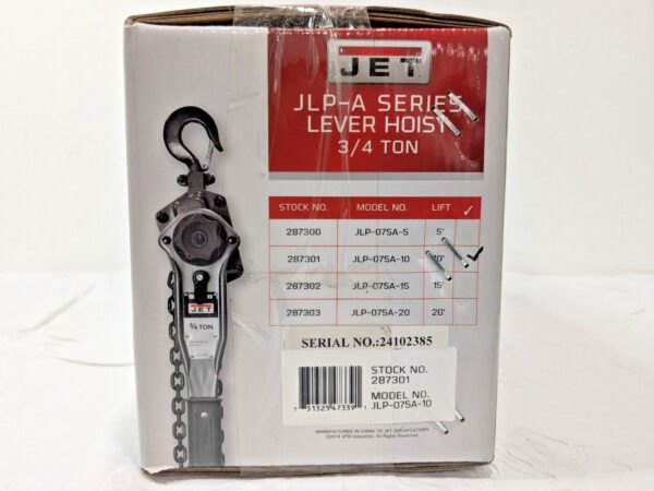 Jet 3/4 Ton Lever Chain Hoist 10 Ft Lift JLP-075A-10 287301