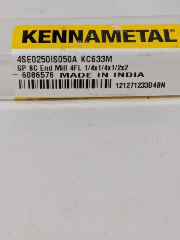 KENNAMETAL Square End Mill: 1/4" Dia, 1/2" LOC, 4 Flute 6086576