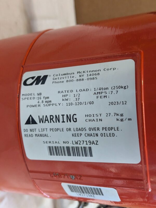 CM Valustar Electric Chain Hoist 1/4 Ton Capacity 10 Ft. Lift 16 FPM 2401-10 FT