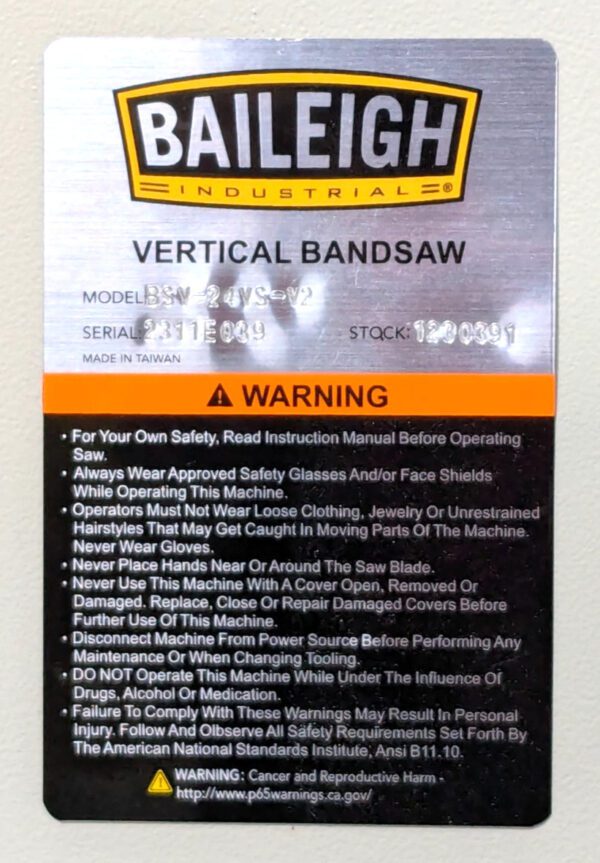 BAILEIGH Vertical Bandsaw 220V 3PH Variable Speed BSV-24VS-V2 *Scratch & Dent*