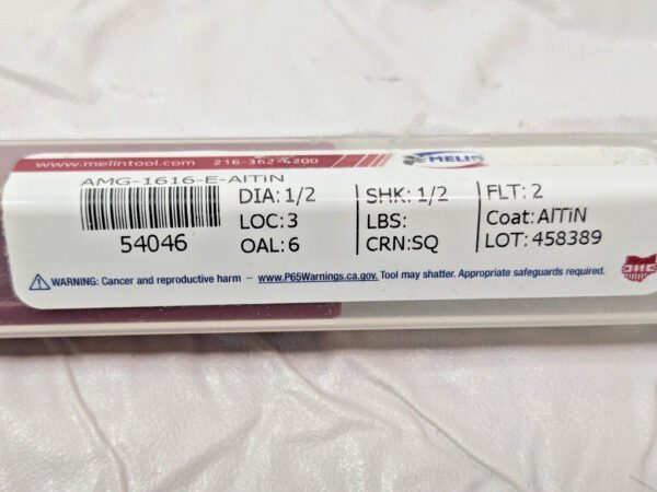 Melin Gnrl Purpose Carbide End Mill 1/2"X1/2"X3"X6" 2FL AMG-1616-E-AITiN 54046
