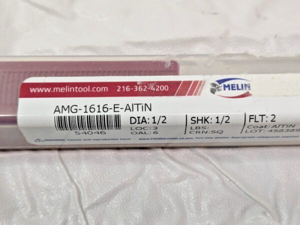 Melin Gnrl Purpose Carbide End Mill 1/2"X1/2"X3"X6" 2FL AMG-1616-E-AITiN 54046