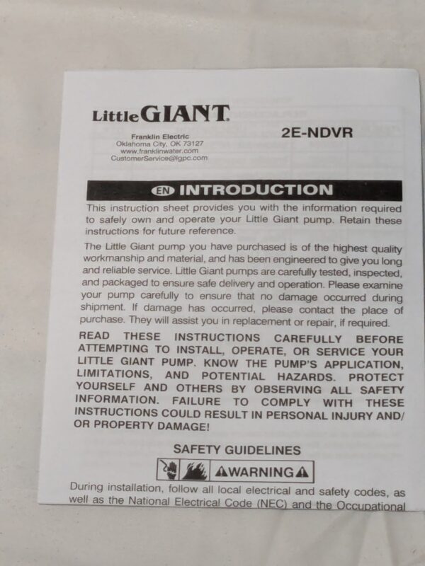 Little Giant Submersible Pump: 1.7 Amp Rating Nylon Housing 502303