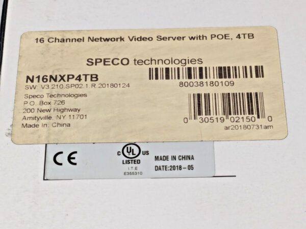 Speco 16 Channel 4K Plug/Play Network Video Recorder w/Built-In POE4TB N16NXP4TB