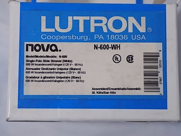 Lutron N-600-WH Nova 600W Incandescent / Halogen Slide Dimmer White