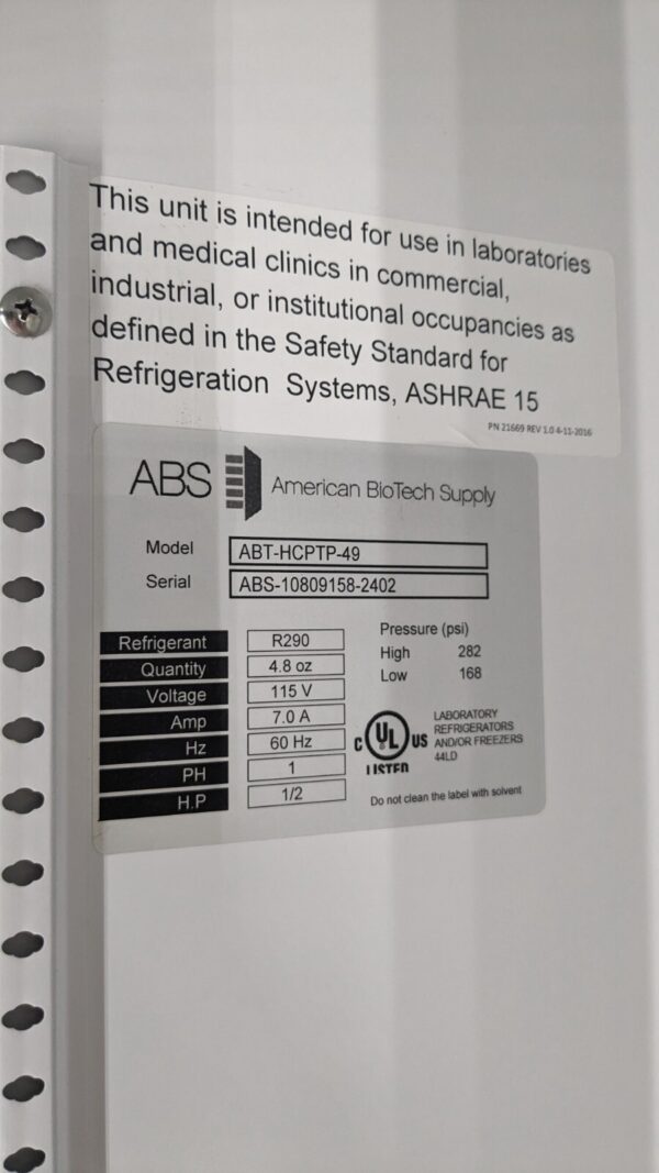 American Biotech Pass-Thru Laboratory Refrigerator 49 Cu. Ft. Capacity 115V
