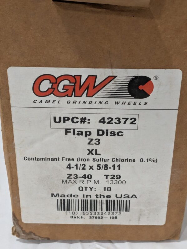 CGW Flap Disc: 4-1/2" Dia, 40 Grit, Zirconia Alumina, Type 29 Qty 10 42372