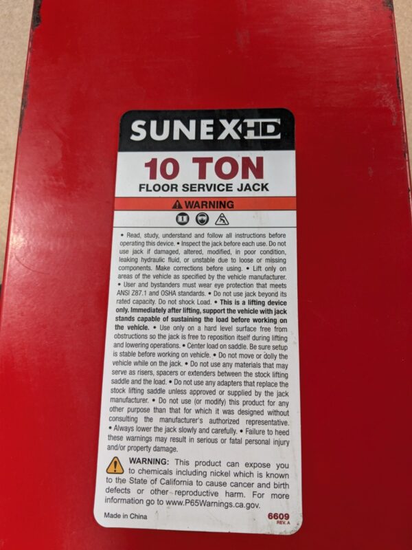 Sunex Hydraulic Service Floor Jack 10 Ton Load Capacity 6-1/4" to 22" Height