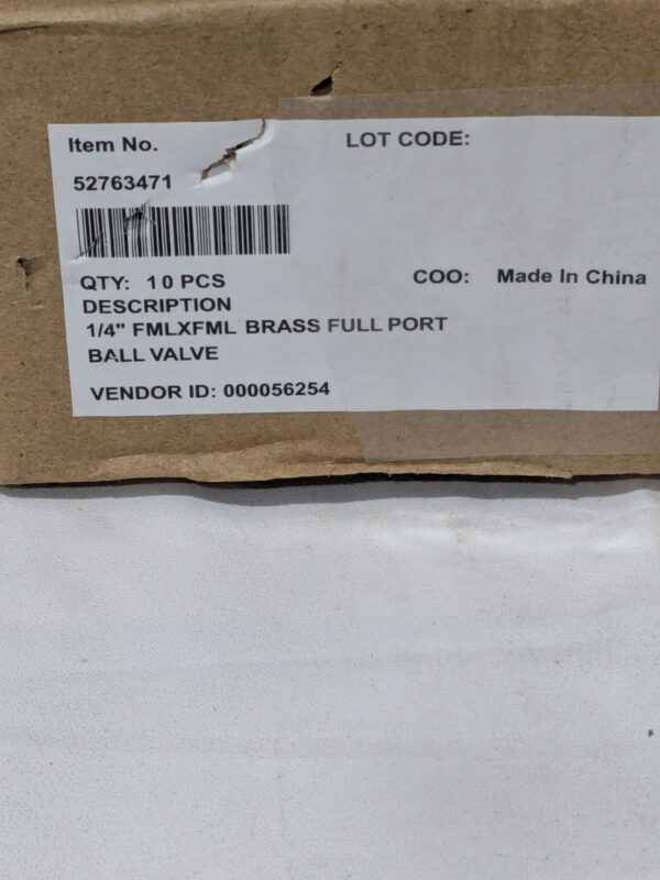 Box of 10 Full Port Manual Ball Valve: 1/4" Pipe, FNPT x FNPT 52763471