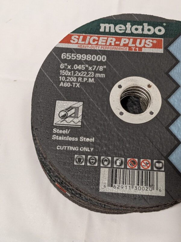 Metabo Cutoff Wheel Type 1, 6" Dia, 0.0450" Thick, 7/8" Hole Box of 50 655998000