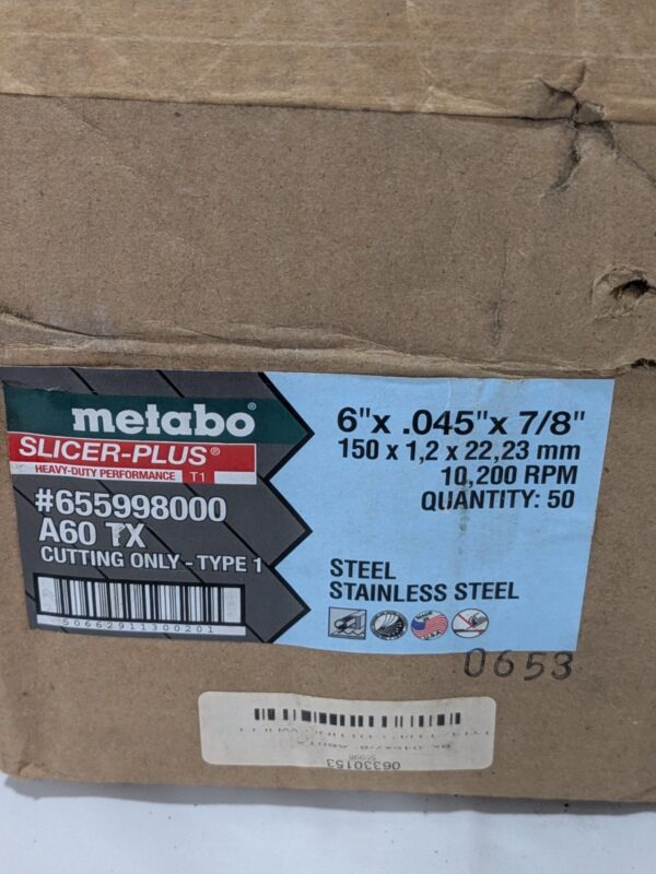 Metabo Cutoff Wheel Type 1, 6" Dia, 0.0450" Thick, 7/8" Hole Box of 50 655998000