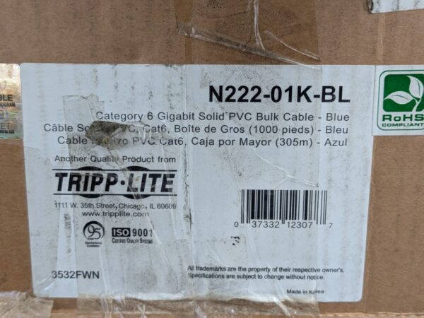 Tripp Lite Cat6 Gigabit Solid PVC Bulk Ethernet Cable 1000 Ft. N222-01K-BL
