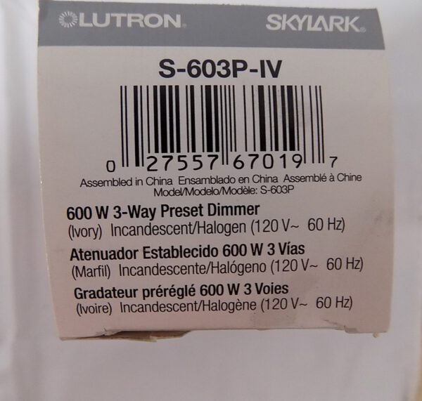 Lutron S-603P-IV Skylark 600W 3-Way Preset Slide Dimmer w/ Rocker Switch Ivory