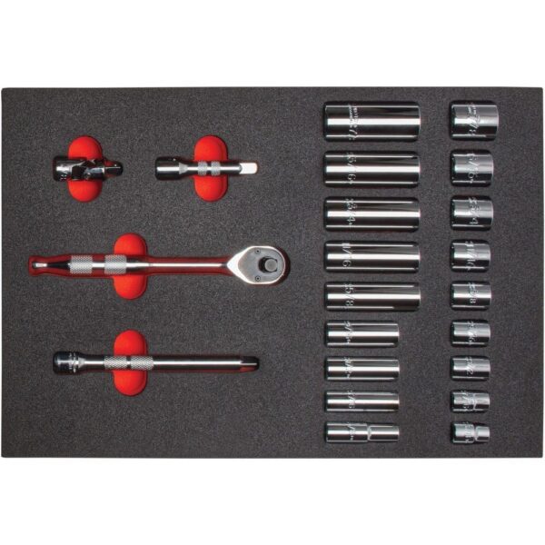 Proto Foamed 3/8in Drive 6pt Socket Set 22pc with Pear Head Ratchet J52134HTCK