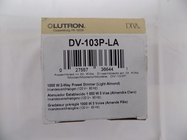 Lutron DV-103P-LA Diva 1000W Incandescent / Halogen 3-Way Dimmer Light Almond