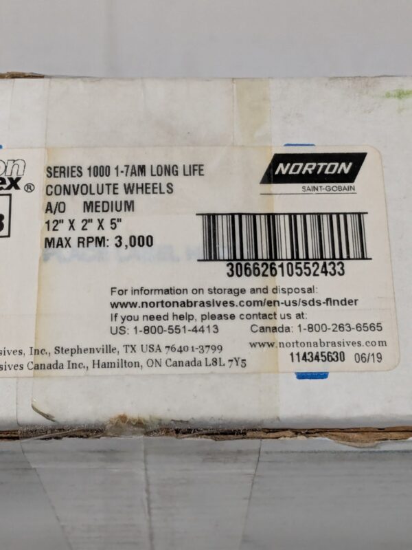 Norton Deburring Wheel: 12" Dia, 2" Face Width, 5" Hole, Density 7 66261055243
